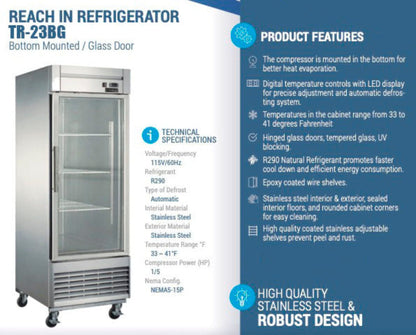 Chef AAA - TR-23BG 27" 1 Glass Door Reach-in Refrigerator 17.7 cu. ft. - TR-23BG