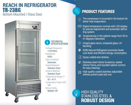 Chef AAA - TR-23BG 27" 1 Glass Door Reach-in Refrigerator 17.7 cu. ft. - TR-23BG