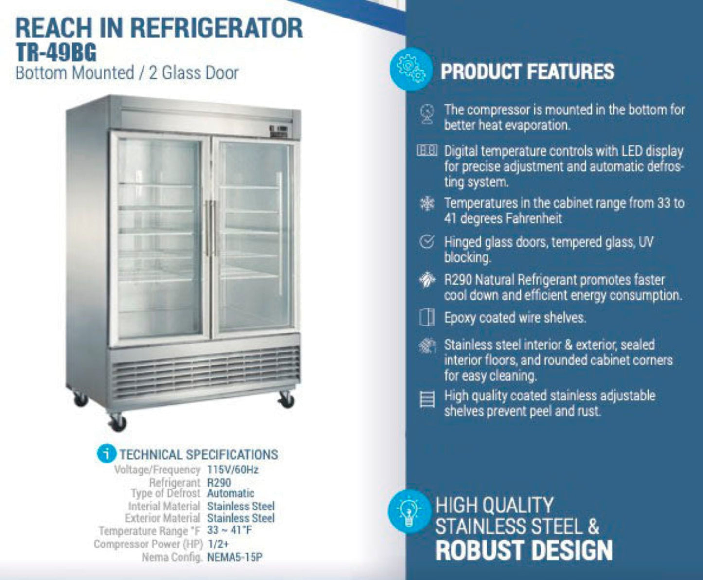 Chef AAA - TR-49BG 55" 2 Glass Door Reach-in Refrigerator 41.7 Cu. ft. - TR-49BG
