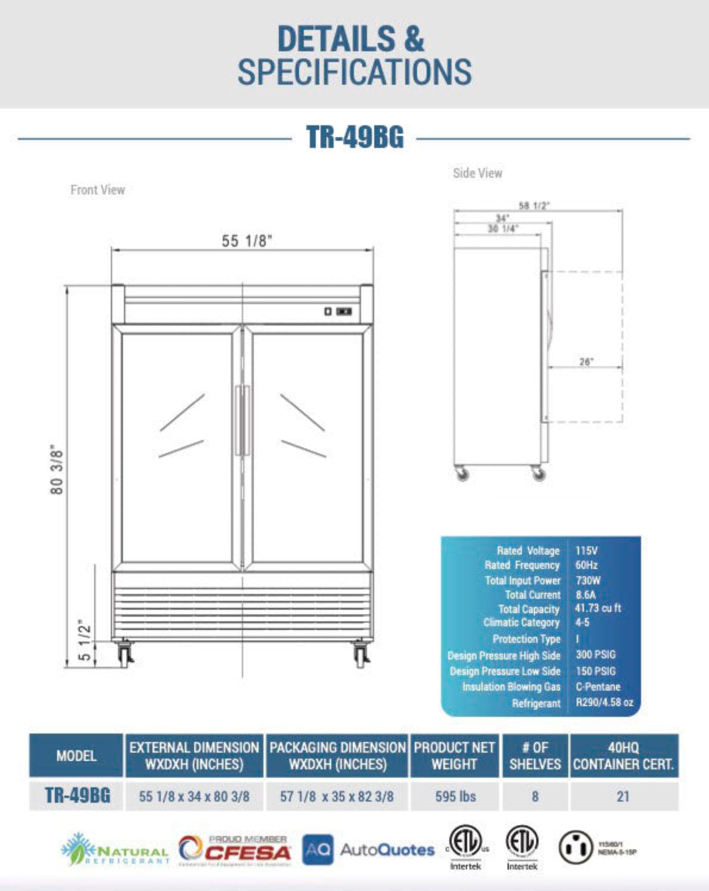 Chef AAA - TR-49BG 55" 2 Glass Door Reach-in Refrigerator 41.7 Cu. ft. - TR-49BG