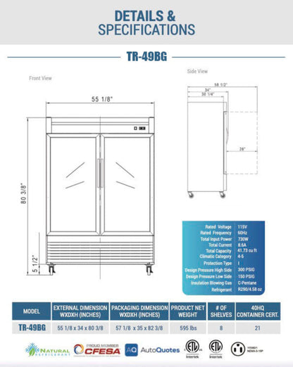 Chef AAA - TR-49BG 55" 2 Glass Door Reach-in Refrigerator 41.7 Cu. ft. - TR-49BG