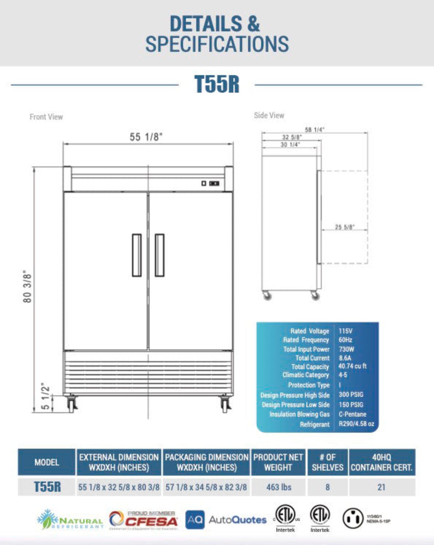 Chef AAA - Commercial 55" Reach-In Refrigerator Solid 2 Door 40 cu.ft. - T55R