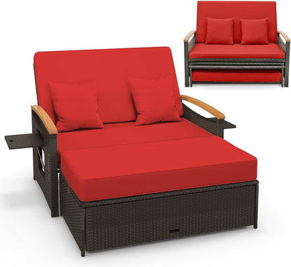 Tangkula Patio Rattan Daybed Set with Cushioned Loveseat and Storage Ottoman - HW71627BN+