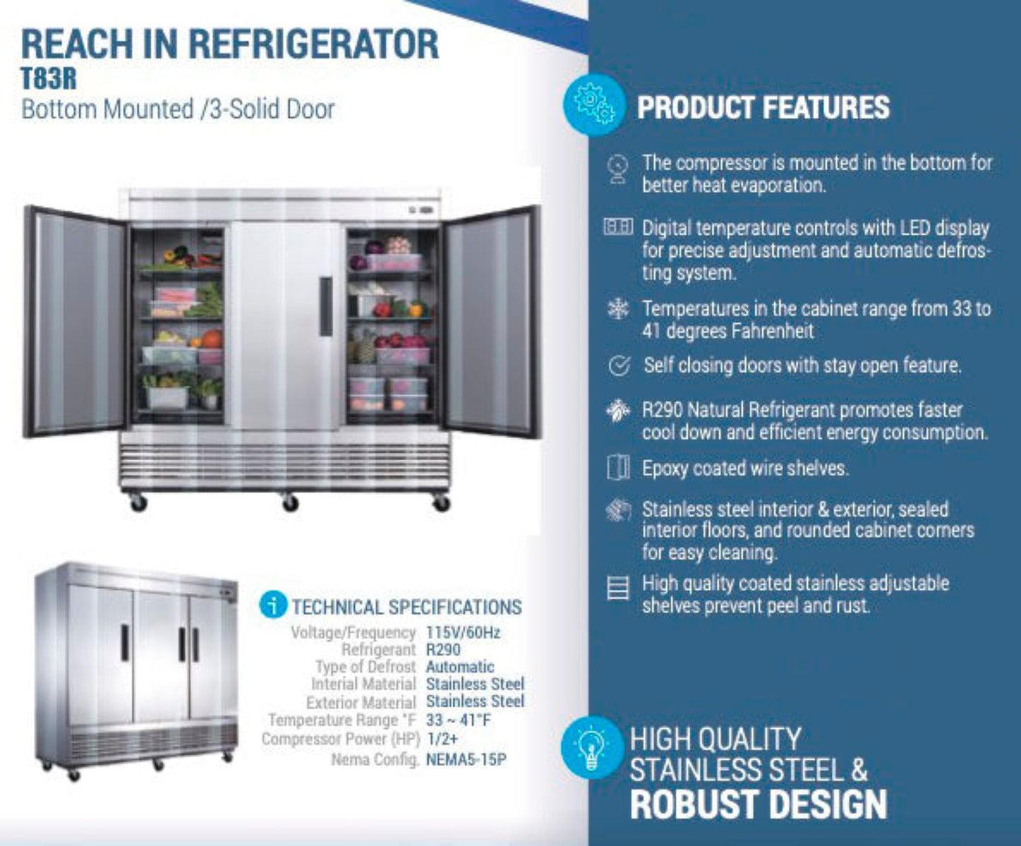 Chef AAA Commercial 83" Reach-In Refrigerator 3 Solid Door Stainless Steel 64 cu.ft. - T83R