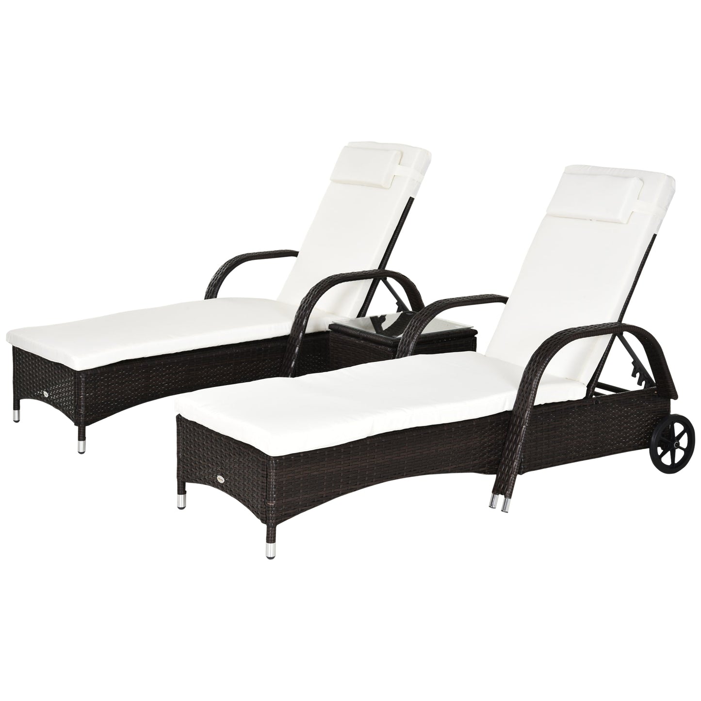 Outsunny 3-Piece Patio Chaise Lounge Chair with Table, 5-Level Adjustable Backrest & Wheels, Brown - 862-011BN