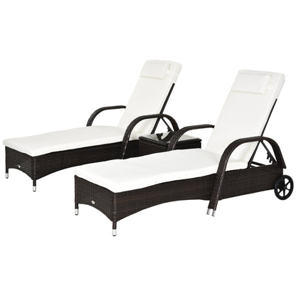 Outsunny 3-Piece Patio Chaise Lounge Chair with Table, 5-Level Adjustable Backrest & Wheels, Brown - 862-011BN