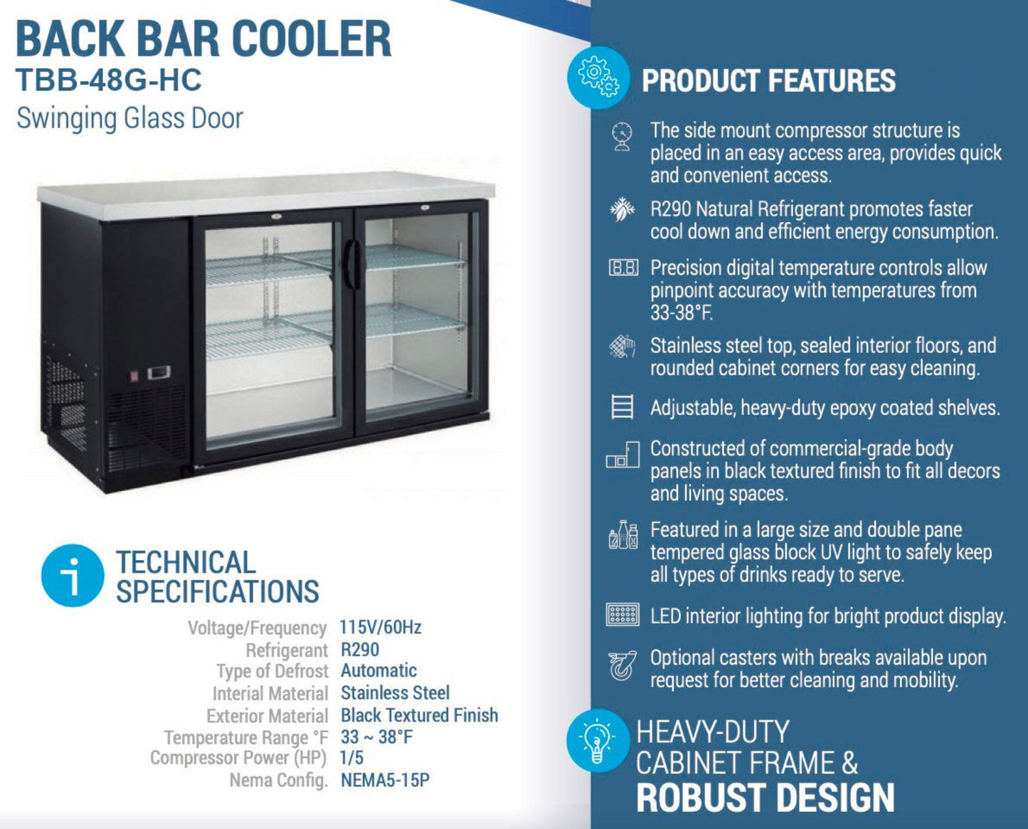 Chef AAA - Commercial 49" Glass Door Back Bar Refrigerator 11.2 cu.ft. - TBB-48G-HC