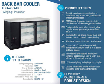 Chef AAA - Commercial 49" Glass Door Back Bar Refrigerator 11.2 cu.ft. - TBB-48G-HC