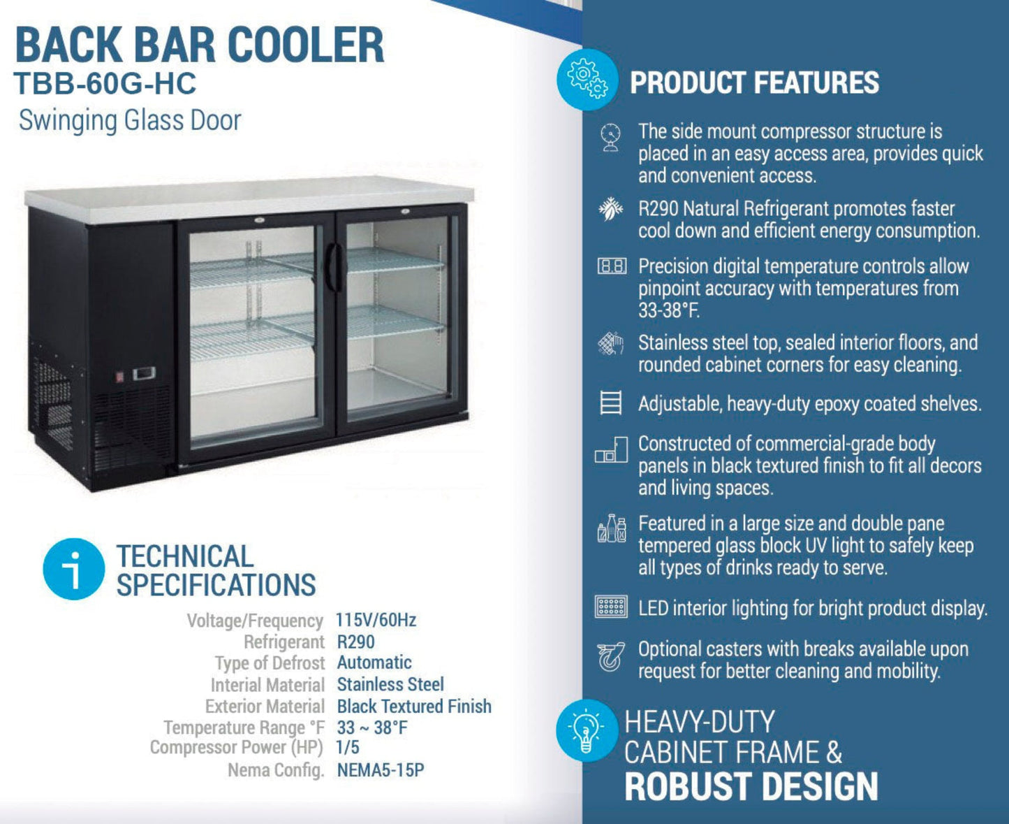 Chef AAA - Commercial 61" Glass Door Back Bar Refrigerator 15.2 cu.ft. - TBB-60G-HC