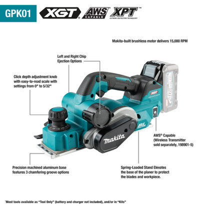 Makita 40V max XGT Brushless Cordless 3‑1/4" Planer Kit, AWS Capable  - GPK01M1