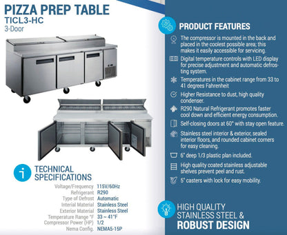 Chef AAA - TICL3-HC, Commercial 90" Pizza Prep Table Refrigerator 12 Pans 3 Door Stainless Steel 24.8 cu.ft. - TICL3-HC