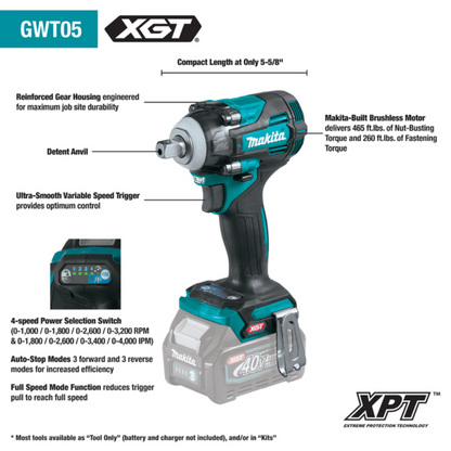 MAKITA 40V Max XGT Brushless Cordless 4‑Speed 1/2" Sq. Drive Impact Wrench w/ Detent Anvil  - GWT05Z