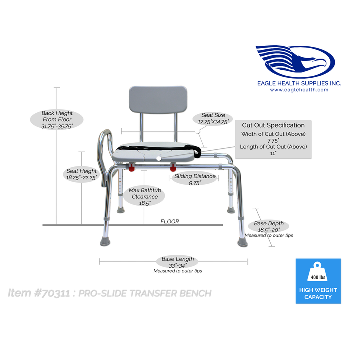 Eagle Health 70311 Pro-Slide Bath Chair Transfer Bench with Cut-Out