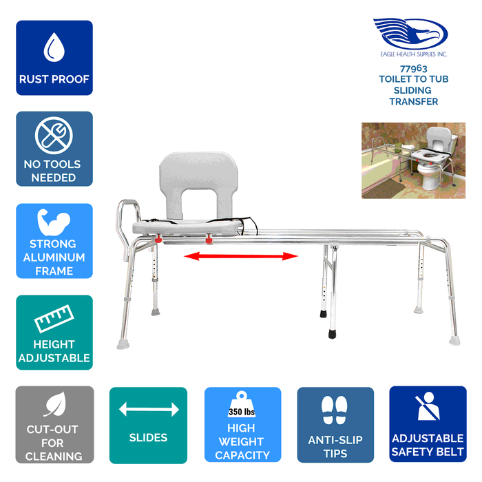 Eagle Health 77963 Long Toilet-to-Tub Sliding Transfer Bench