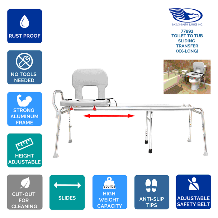 Eagle Health 77993 XX Long Toilet-to-Tub Sliding Transfer Bench