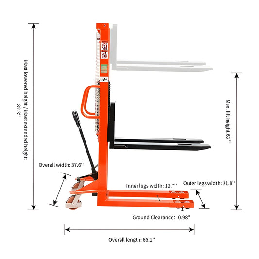 Tory Carrier Manual Pallet Stacker Adjustable Forks Fixed Legs 2200 lbs. 63" Lifting Height New - MSF2263