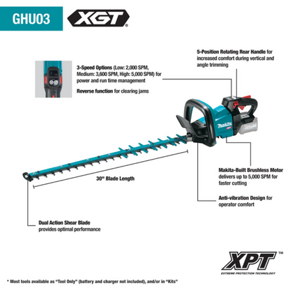 Makita GHU03M1 40V max XGT Brushless Cordless 30" Hedge Trimmer Kit (4.0Ah) - GHU03M1