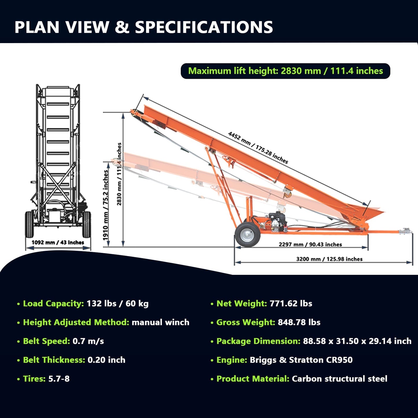 [CLEARANCE] 6.5HP 208cc Firewood Conveyor Max. 9.3ft Lift Height with B&S Engine