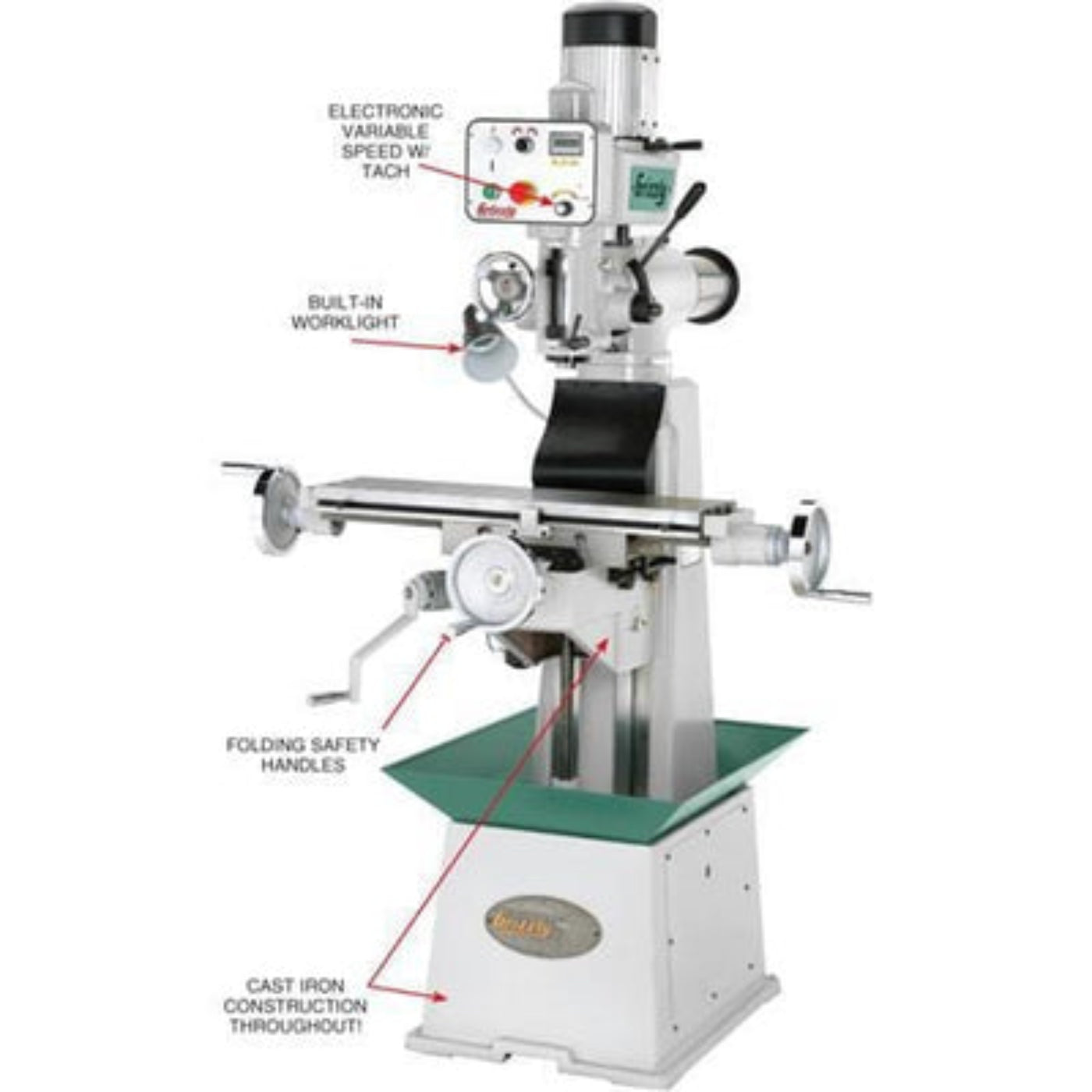 U.S Industrial Grizzly Industrial 8" x 30" 1-1/2 HP Variable-Speed Knee Mill with Ram Head