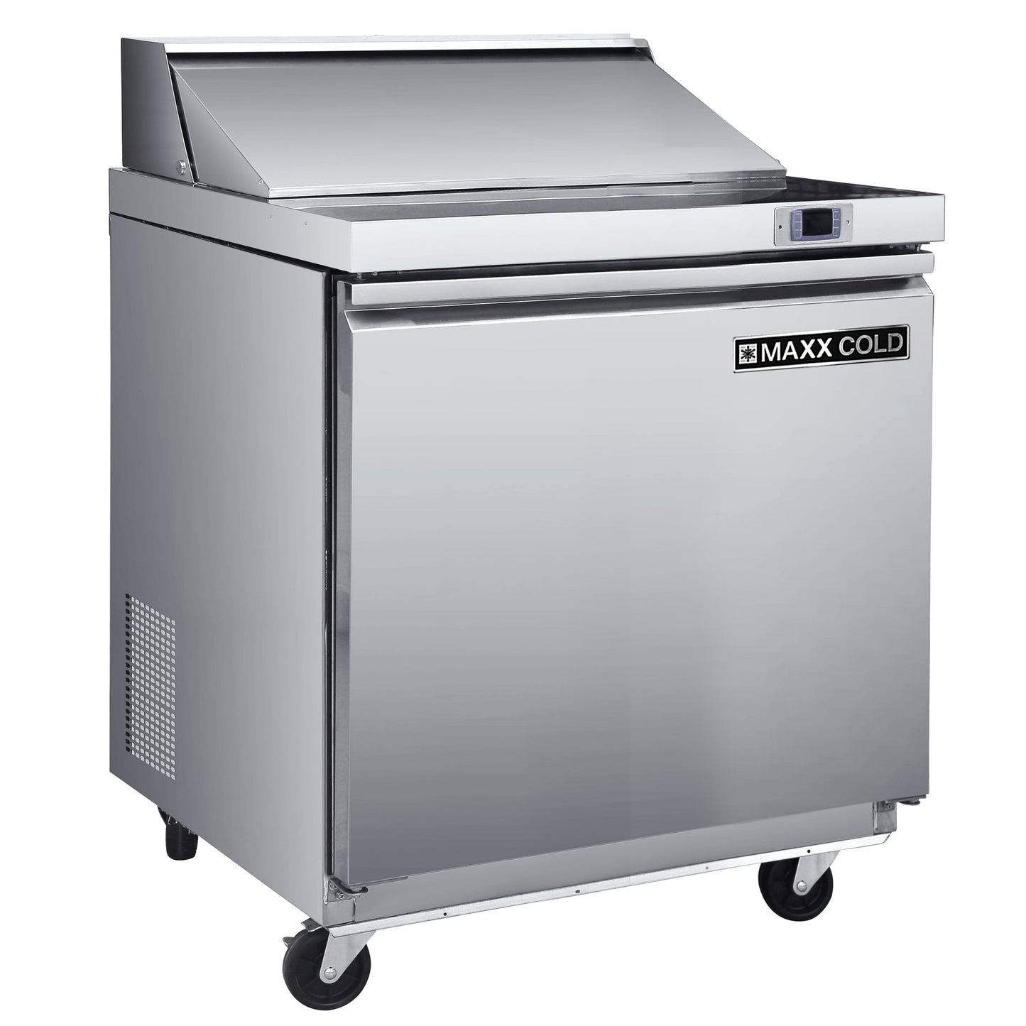Maxx Cold One-Door Refrigerated Sandwich and Salad Prep Station, 29"W, 7.59 cu, ft. Storage Capacity, Equipped with (4) 4" Deep Pans and Cutting Board, in Stainless Steel - MXSR29SHC
