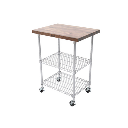 John Boos MET-WWC-2 Mobile 33" Wire Transport Utility Cart with Walnut Top and Chrome Shelves - JBMETWWC2