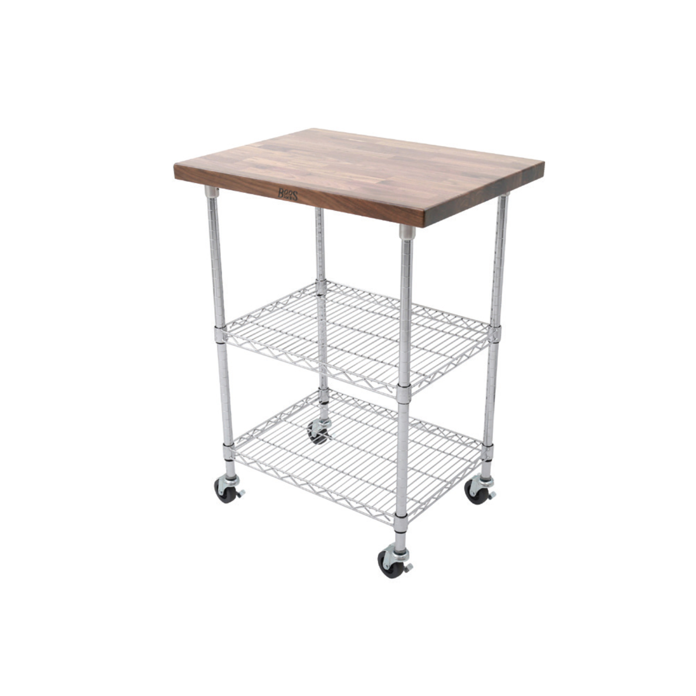 John Boos MET-WWC-1 Mobile 27" Wire Transport Utility Cart with Walnut Top and Chrome Shelves - JBMETWWC1