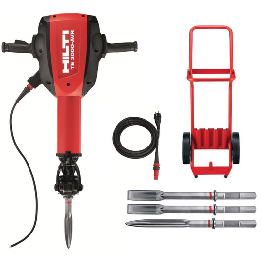Hilti 15 Amp 120-Volt 1-1/8 in. TE 3000-AVR Polygon Demolition Jack Hammer Concrete Breaker Kit with Trolley, Cord and Chisels - HT-TE3000AVR