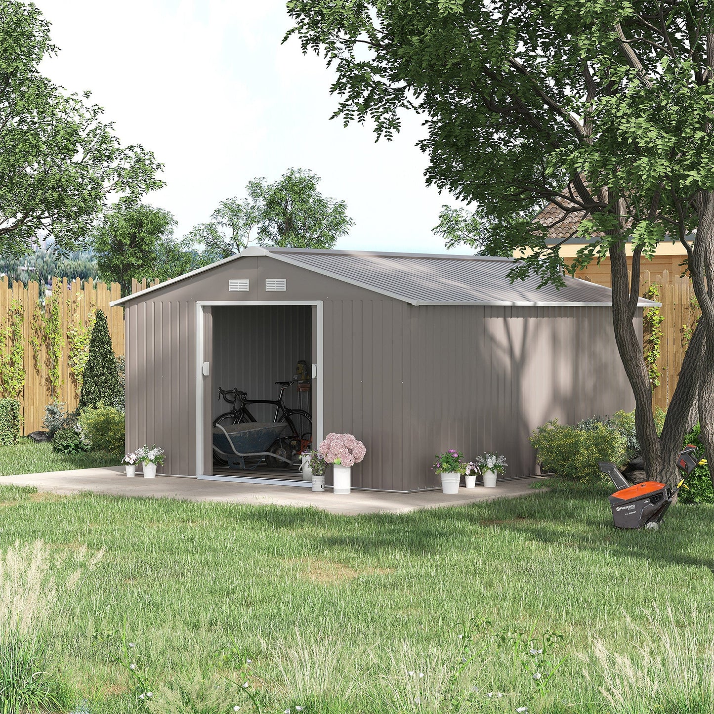 Outsunny EverBase 11' x 13' Outdoor Storage Shed with Double Lockable Door & Air Vents, Light Gray - 845-031V01LG
