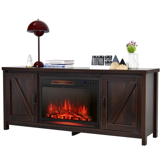 Tangkula Fireplace TV Stand for TVs Up to 65 Inch, Fireplace Media Console Table with Barn Doors, Electric Heater with Adjustable Brightness & Remote - HV10085BK+FP10047US