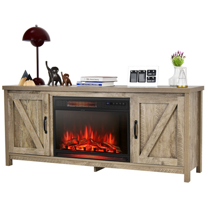 Tangkula Fireplace TV Stand for TVs Up to 65 Inch, Fireplace Media Console Table with Barn Doors, Electric Heater with Adjustable Brightness & Remote - HV10085BK+FP10047US
