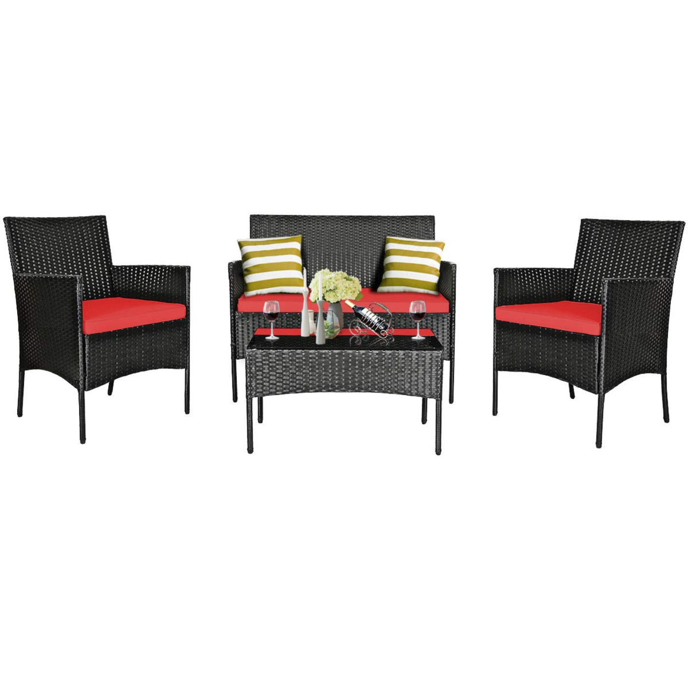 Tangkula Patio Furniture Set, Outdoor Wicker Conversation Set with Tempered Glass Coffee Table - HW65357