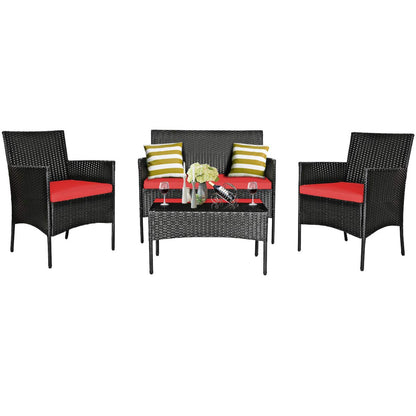 Tangkula Patio Furniture Set, Outdoor Wicker Conversation Set with Tempered Glass Coffee Table - HW65357