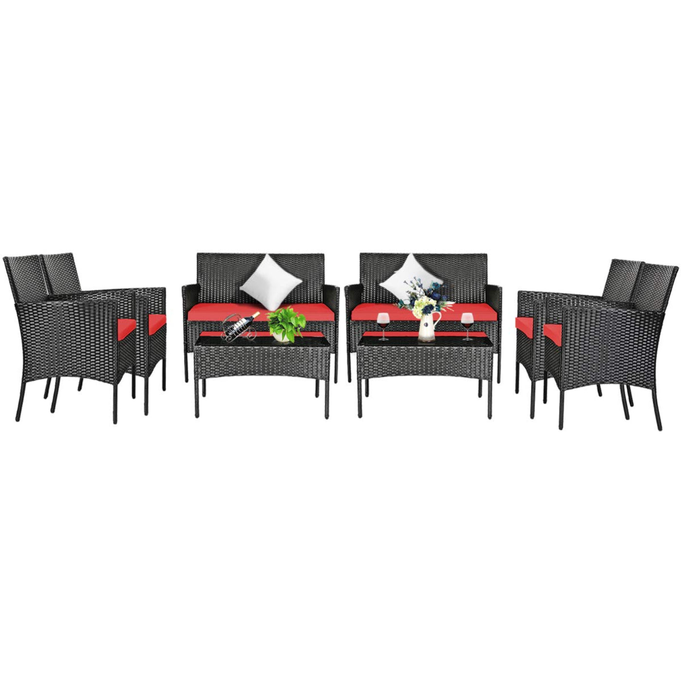 Tangkula Patio Furniture Set, Outdoor Wicker Conversation Set with Tempered Glass Coffee Table - HW65357