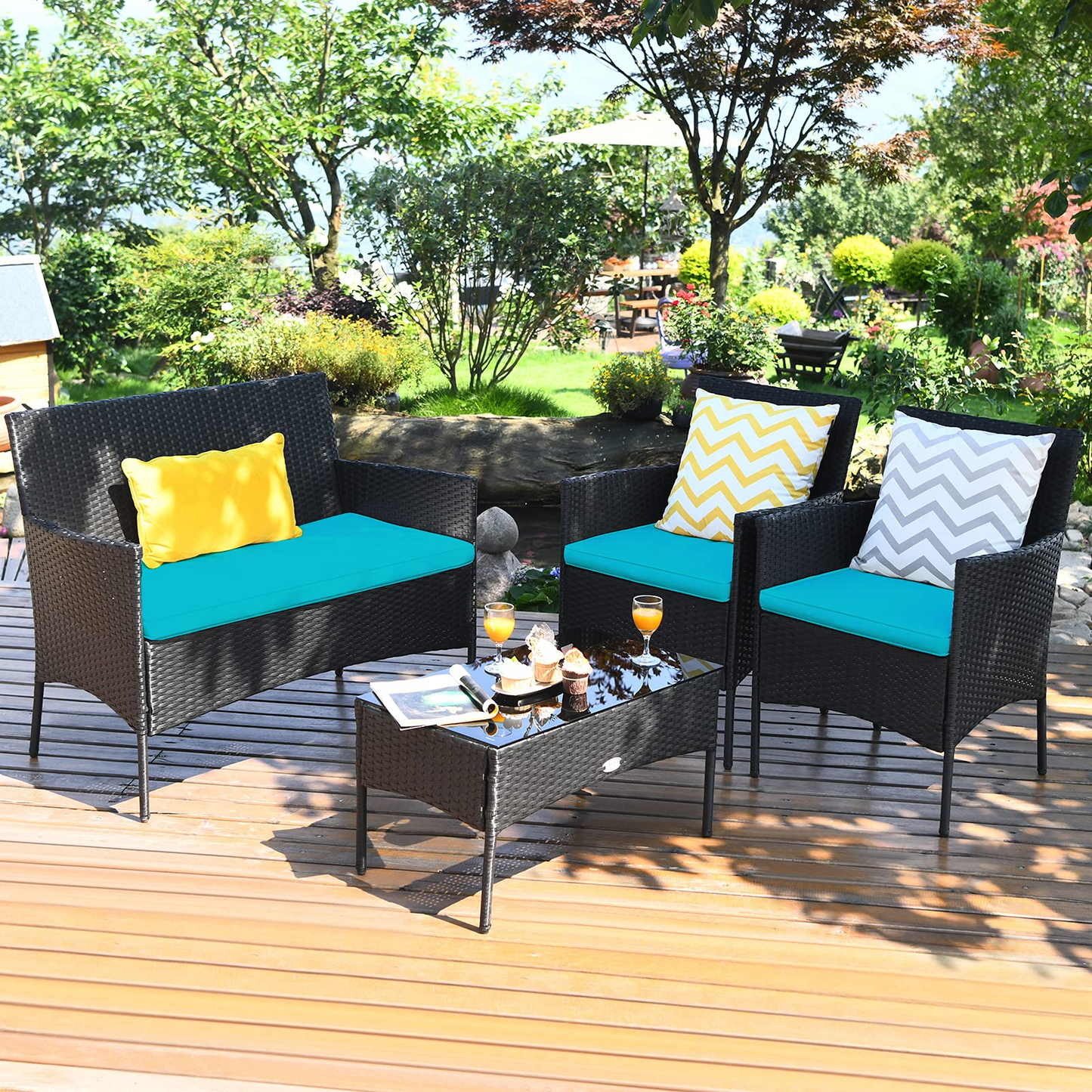 Tangkula Patio Furniture Set, Outdoor Wicker Conversation Set with Tempered Glass Coffee Table - HW65357