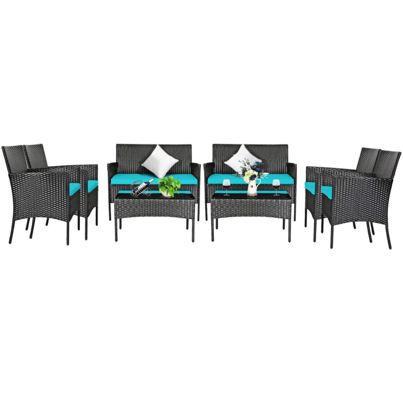 Tangkula Patio Furniture Set, Outdoor Wicker Conversation Set with Tempered Glass Coffee Table - HW65357