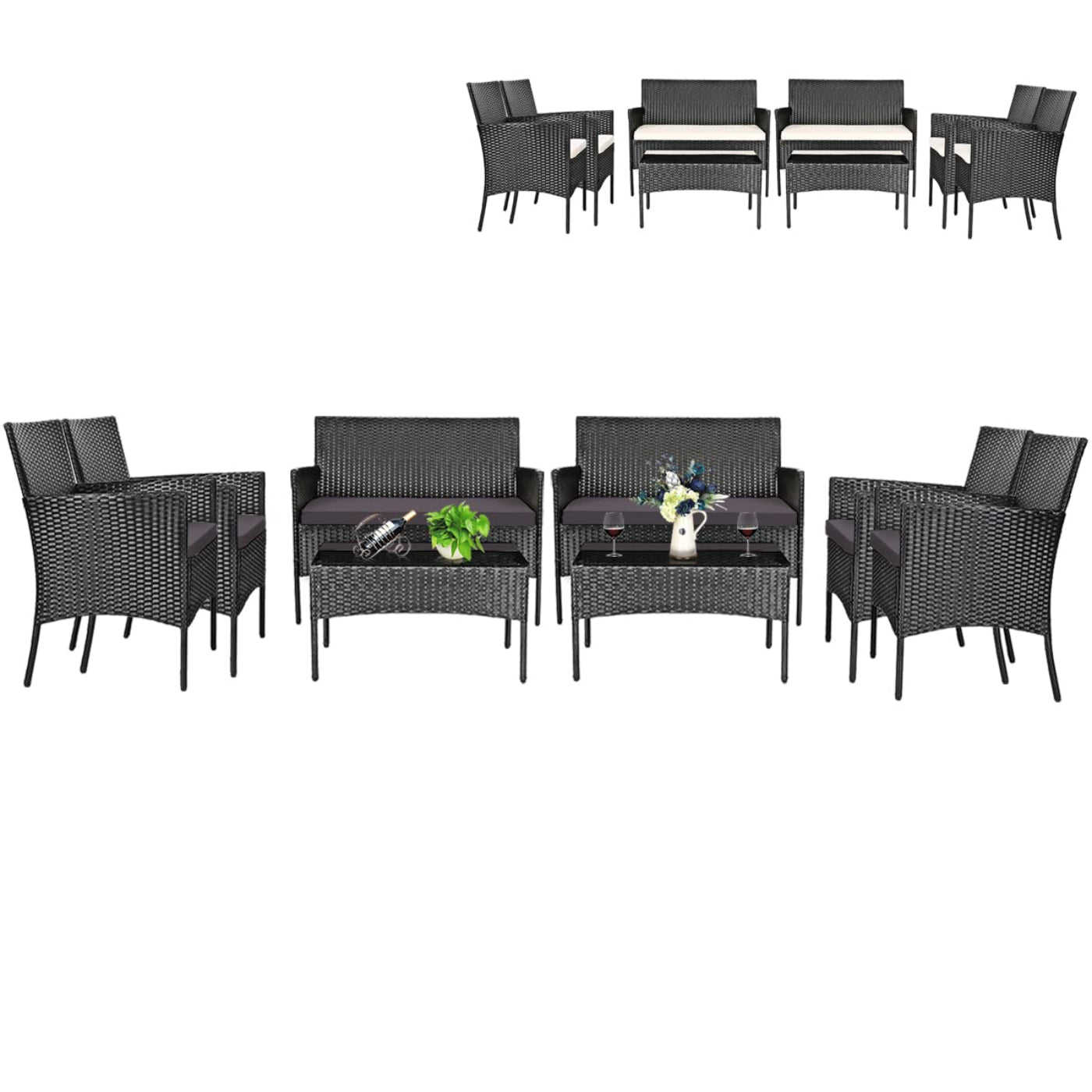 Tangkula Patio Furniture Set, Outdoor Wicker Conversation Set with Tempered Glass Coffee Table - HW65357