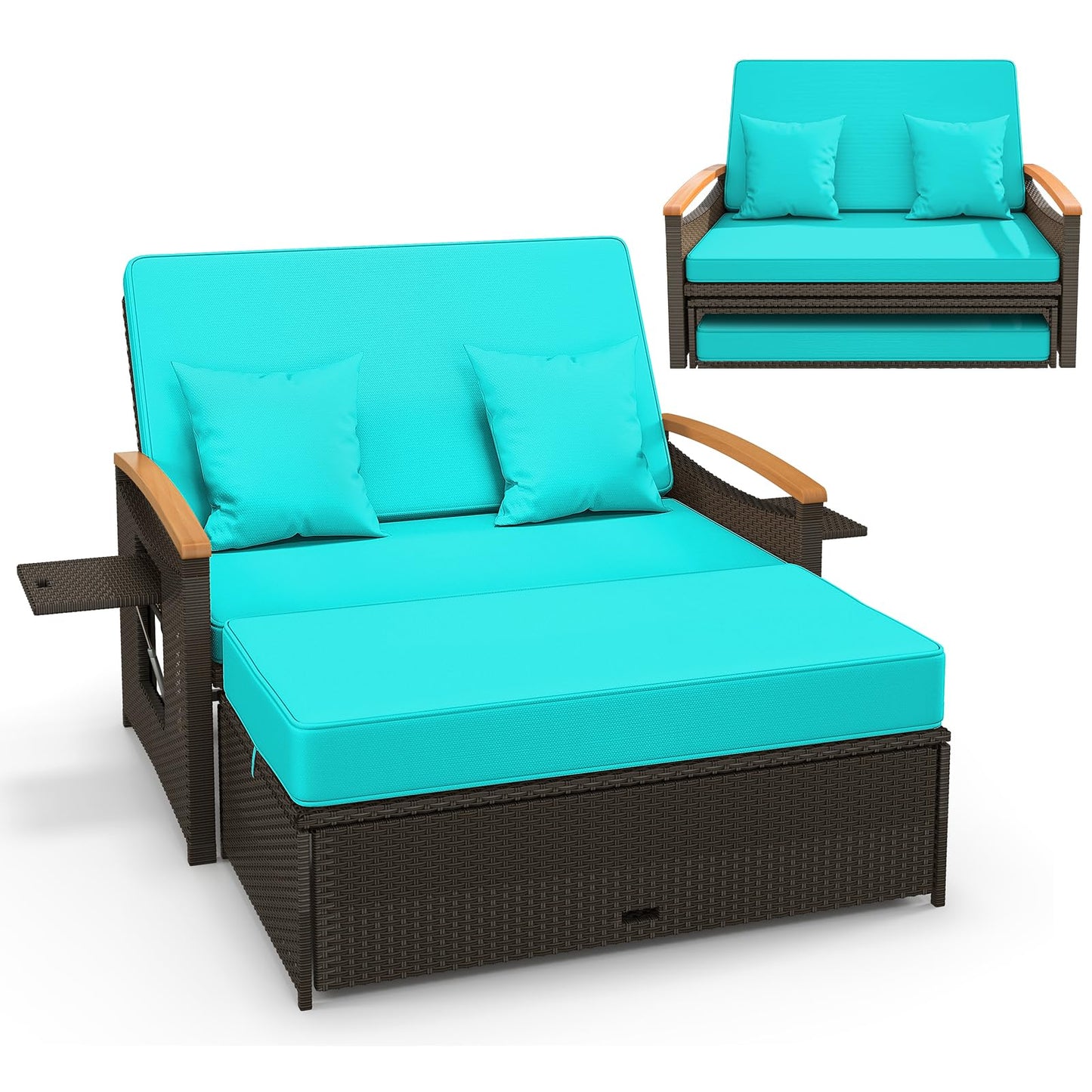 Tangkula Patio Rattan Daybed Set with Cushioned Loveseat and Storage Ottoman - HW71627BN+