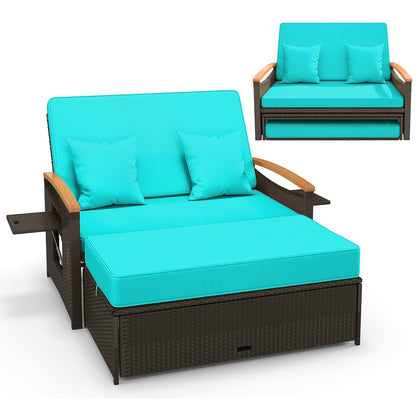 Tangkula Patio Rattan Daybed Set with Cushioned Loveseat and Storage Ottoman - HW71627BN+