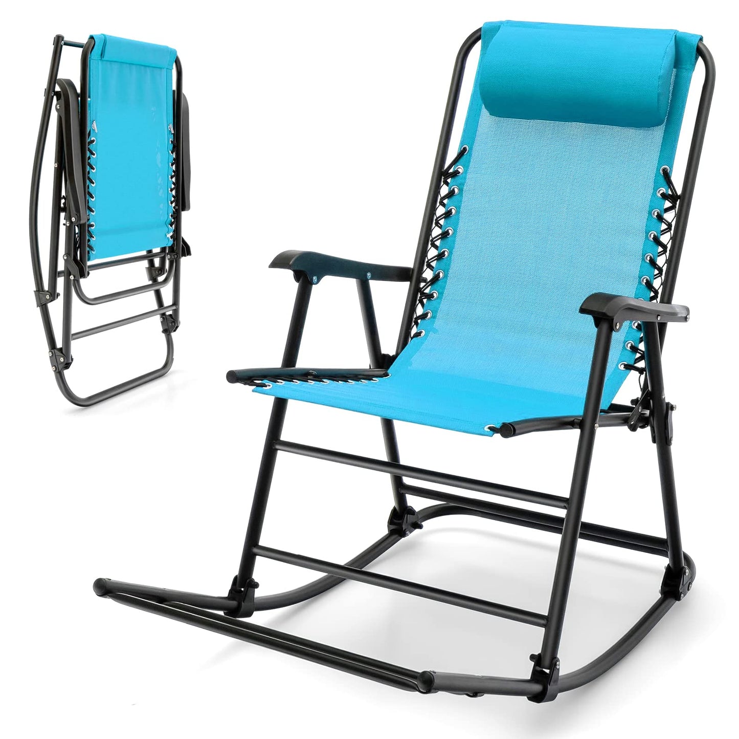 Tangkula Outdoor Folding Rocking Chair, No Assembly Required, Foldable Rocker Recliner with Headrest - OP3564BL