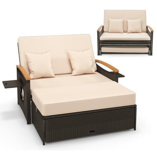 Tangkula Patio Rattan Daybed Set with Cushioned Loveseat and Storage Ottoman - HW71627BN+
