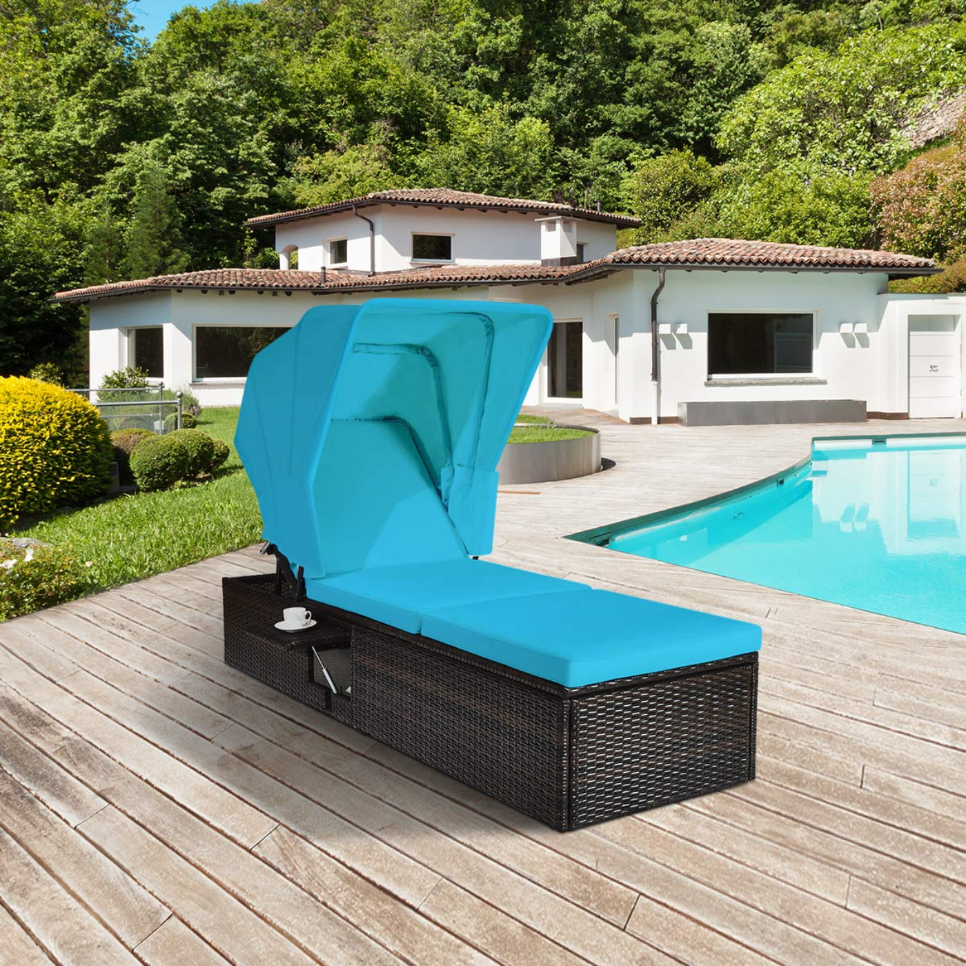 Tangkula Outdoor Chaise Lounge Chair with Folding Canopy, Adjustable Cushioned Reclining Chair with Flip-up Tea Table - HW63197+