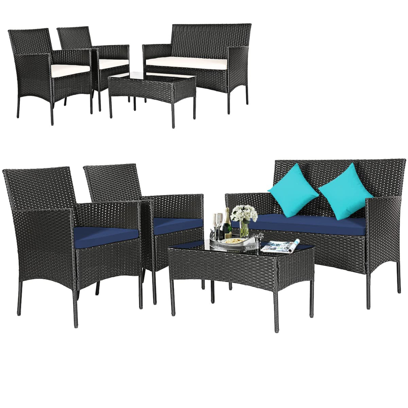 Tangkula Patio Furniture Set, Outdoor Wicker Conversation Set with Tempered Glass Coffee Table - HW65357