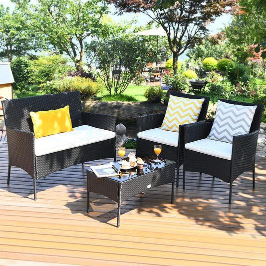 Tangkula Patio Furniture Set, Outdoor Wicker Conversation Set with Tempered Glass Coffee Table - HW65357