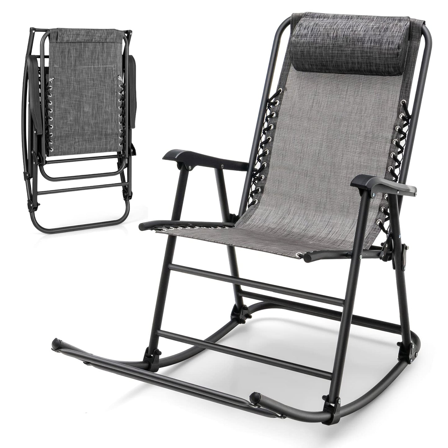 Tangkula Outdoor Folding Rocking Chair, No Assembly Required, Foldable Rocker Recliner with Headrest - OP3564BL
