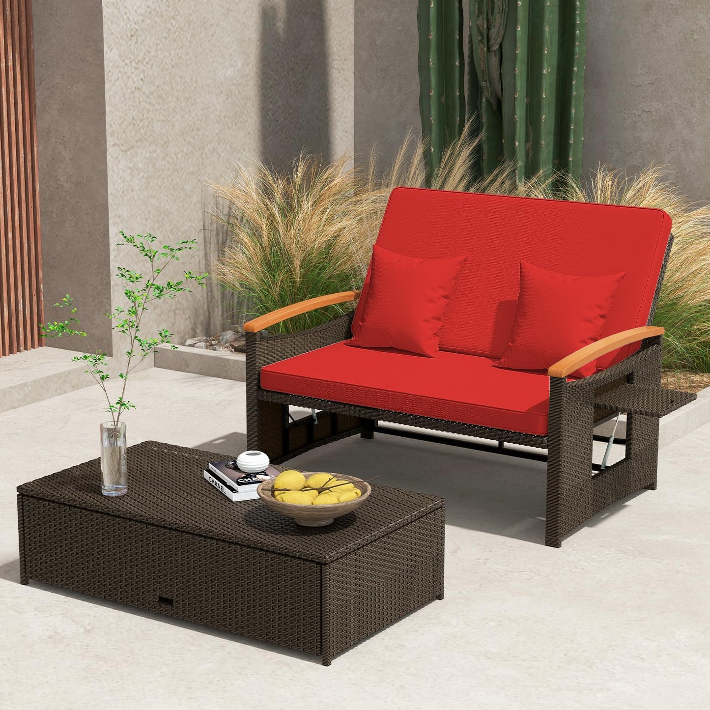 Tangkula Patio Rattan Daybed Set with Cushioned Loveseat and Storage Ottoman - HW71627BN+
