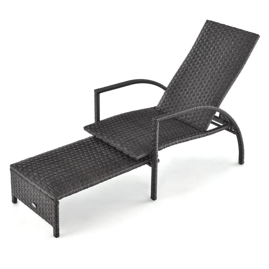 Tangkula Patio Chaise Lounge, Outdoor Rattan Lounge Chair with Retractable Ottoman - NP10986BN