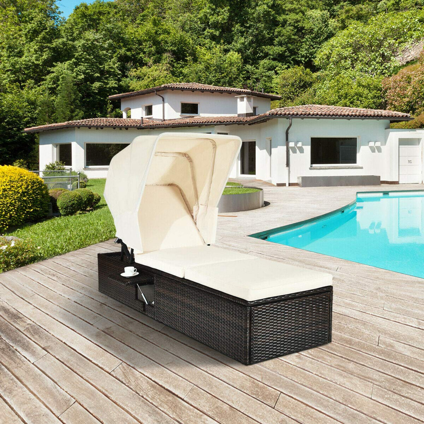 Tangkula Outdoor Chaise Lounge Chair with Folding Canopy, Adjustable Cushioned Reclining Chair with Flip-up Tea Table - HW63197+