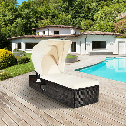 Tangkula Outdoor Chaise Lounge Chair with Folding Canopy, Adjustable Cushioned Reclining Chair with Flip-up Tea Table - HW63197+