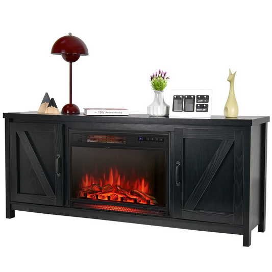 Tangkula Fireplace TV Stand for TVs Up to 65 Inch, Fireplace Media Console Table with Barn Doors, Electric Heater with Adjustable Brightness & Remote - HV10085BK+FP10047US