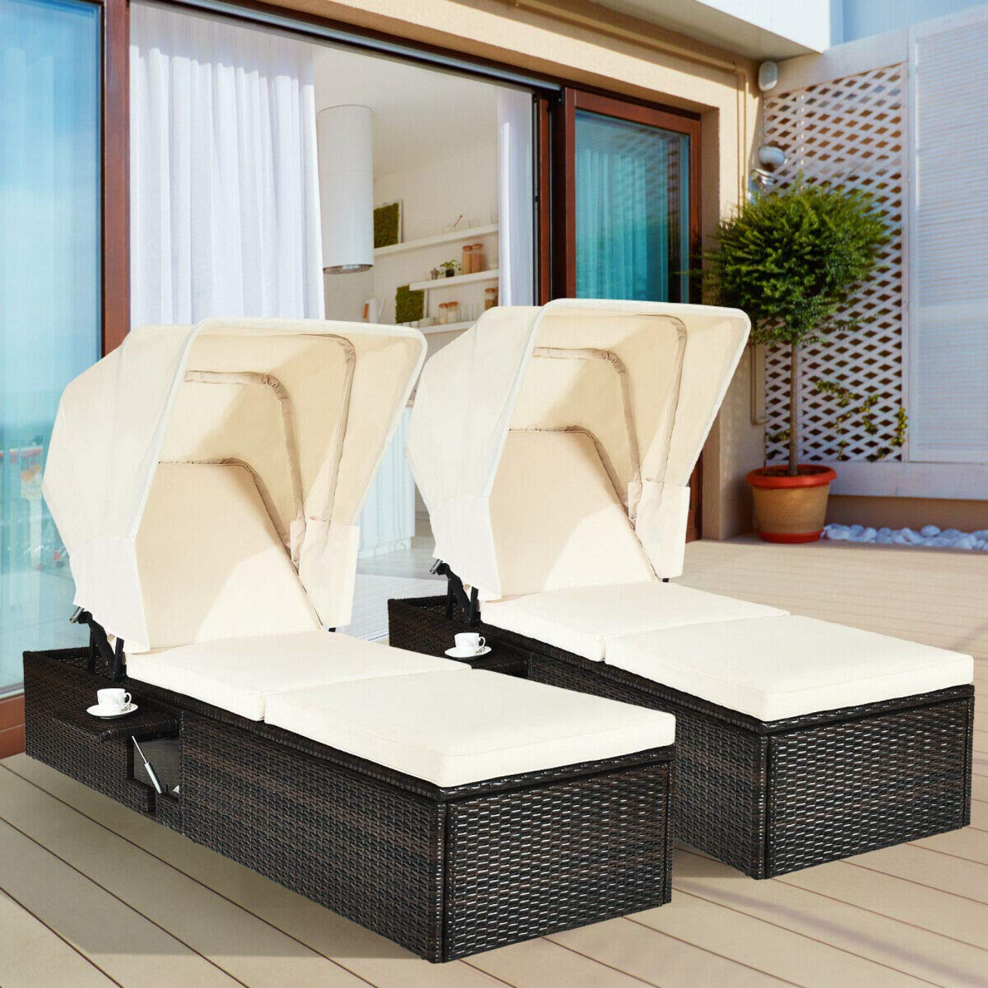 Tangkula Outdoor Chaise Lounge Chair with Folding Canopy, Adjustable Cushioned Reclining Chair with Flip-up Tea Table - HW63197+